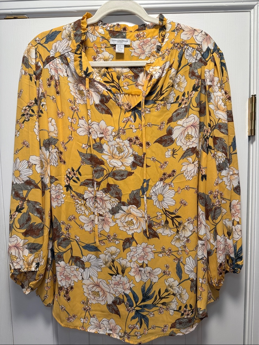 Carolina Belle Yellow Floral Ruffle Tie-Neck Blouse